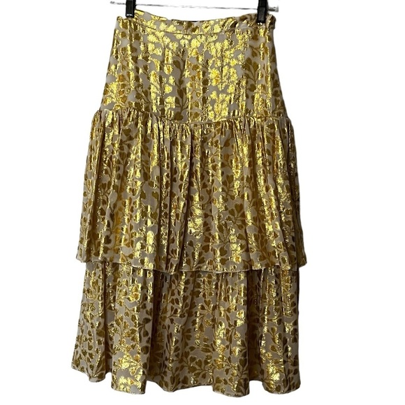 PALOMA BLUE Eden Layered Tiered Ruffled Metallic Fil Coupé Silk blend Skirt Gold - Picture 4 of 15